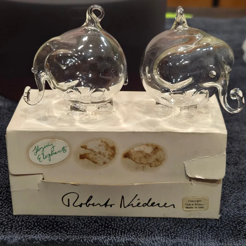 Roberto Niederer Elephants Vintage Hand Blown Glass Ornaments Set/2 Box Italy